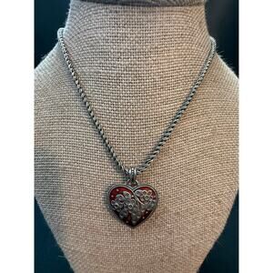 Vintage Brighton Red Enamel Heart Necklace Silver Tone